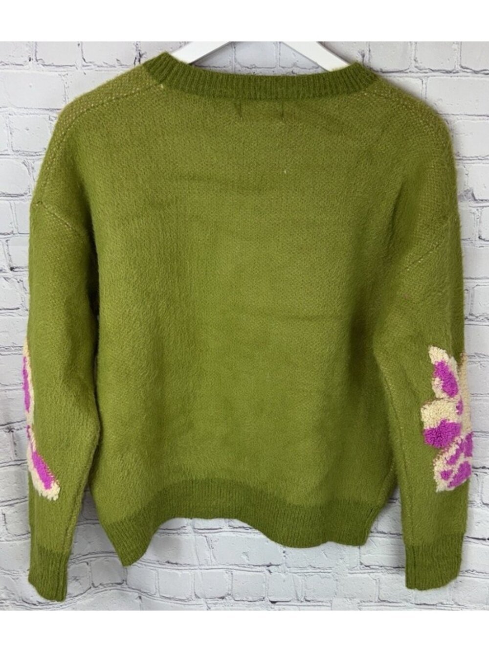 FRNCH Woman's Ulyssia Floral  Appliqué Sweater Green Pink Size Medium - Picture 6 of 7
